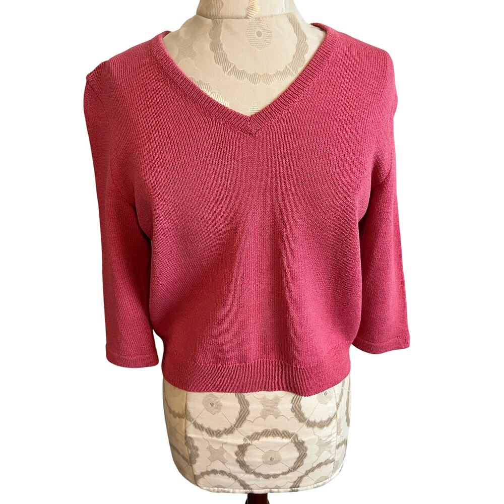 JSS V-Neck Wool Blend 3/4 Sleeve Knit Sweater Small